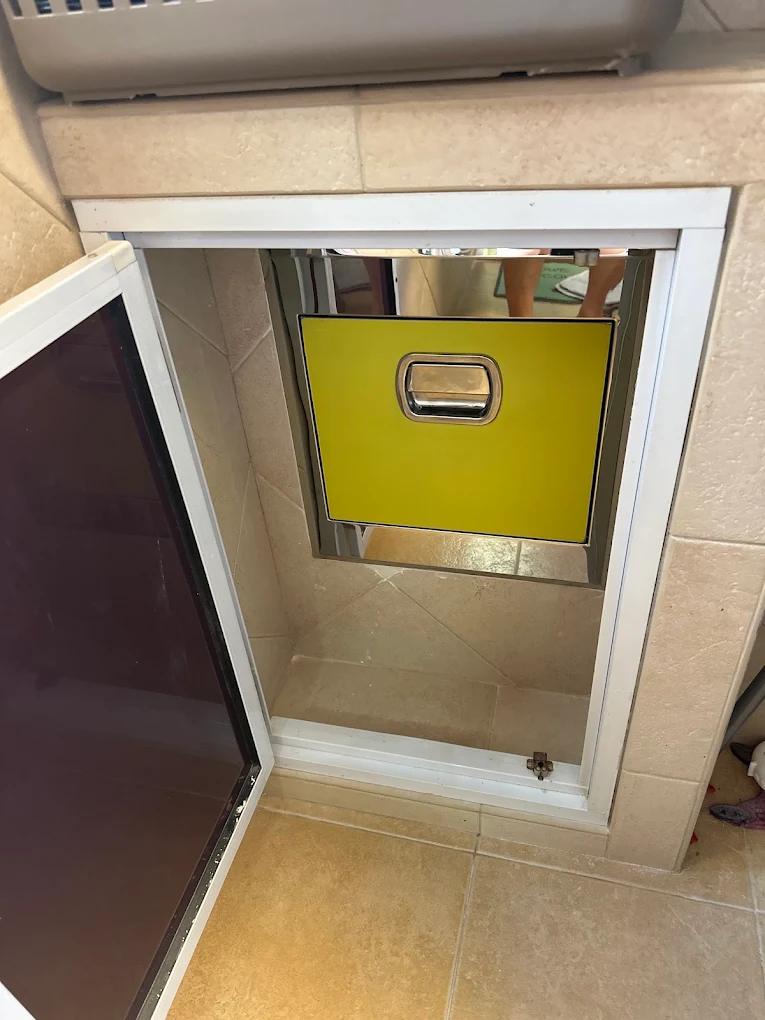 Stainless steel rubbish chute hopper door, angled view